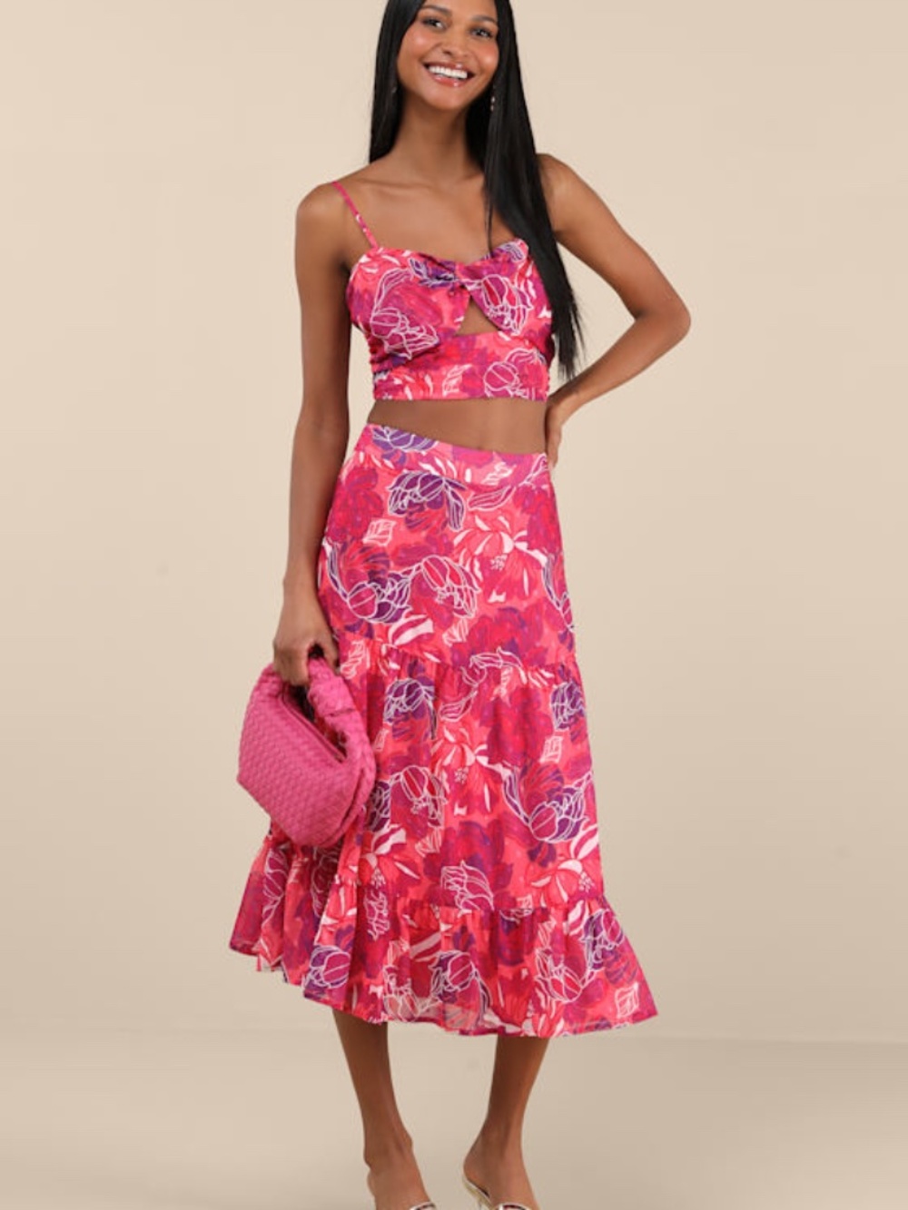 Lulus Floating Through Flowers Pink Floral Two-piece Midi Dress - Size S
